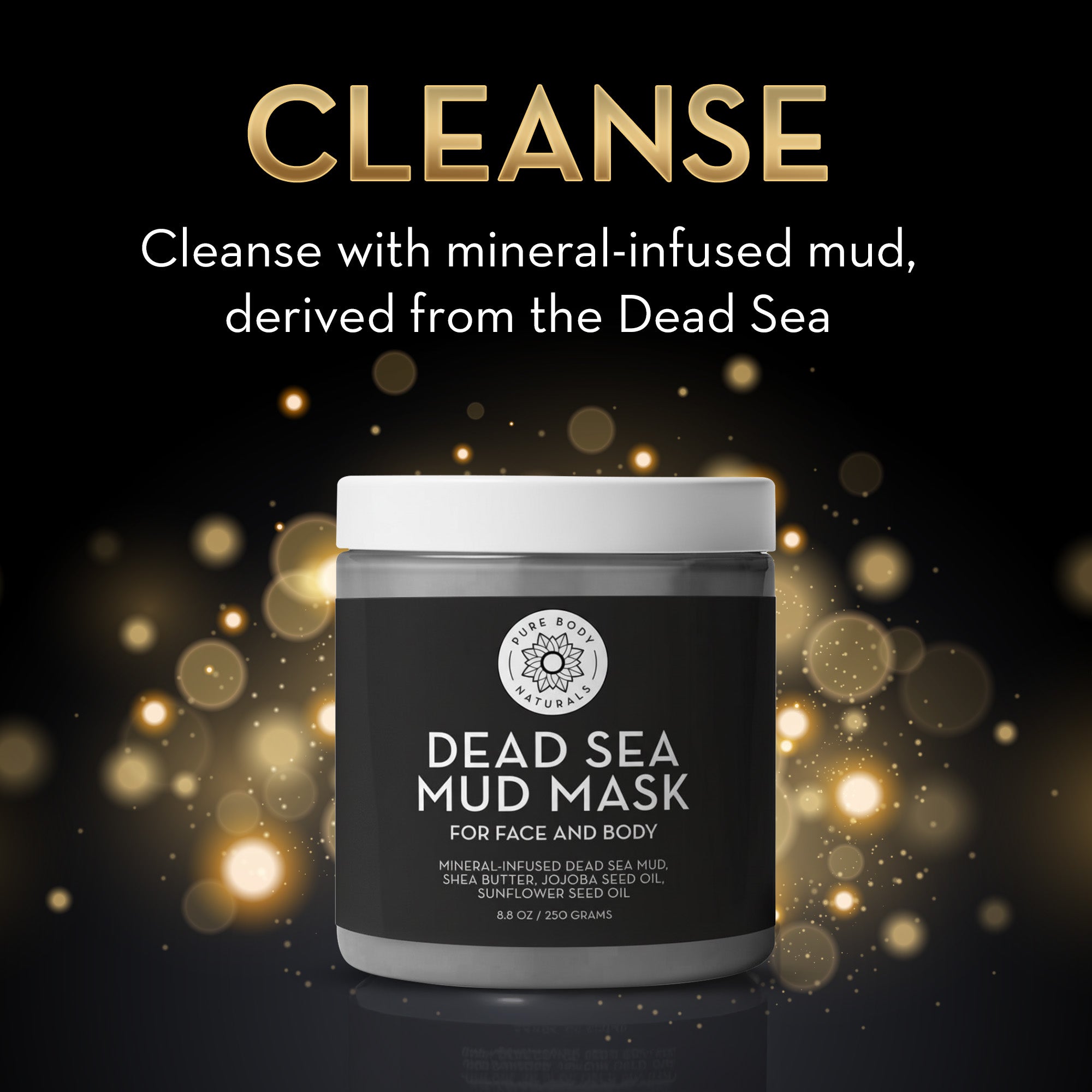 Dead Sea Mud Mask packaging with gold accents on a dark background