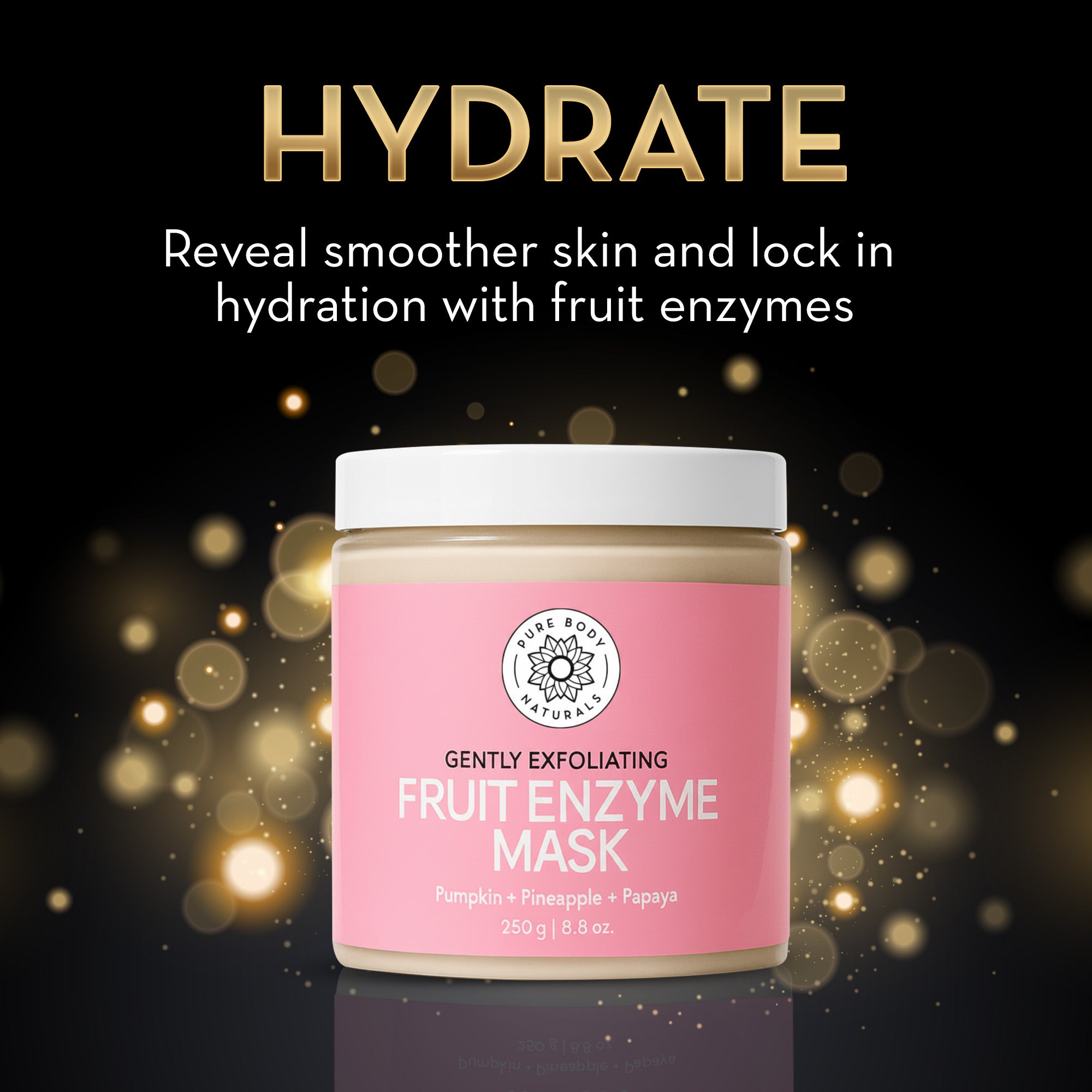 Pink jar of fruit enzyme mask with gold text on a dark background