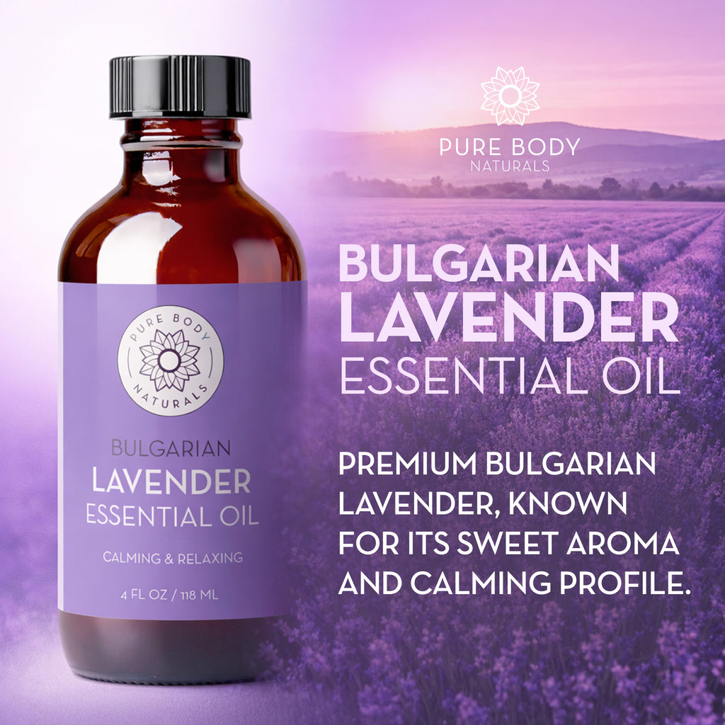 Bottle of Bulgarian Lavender Essential Oil with a lavender field background