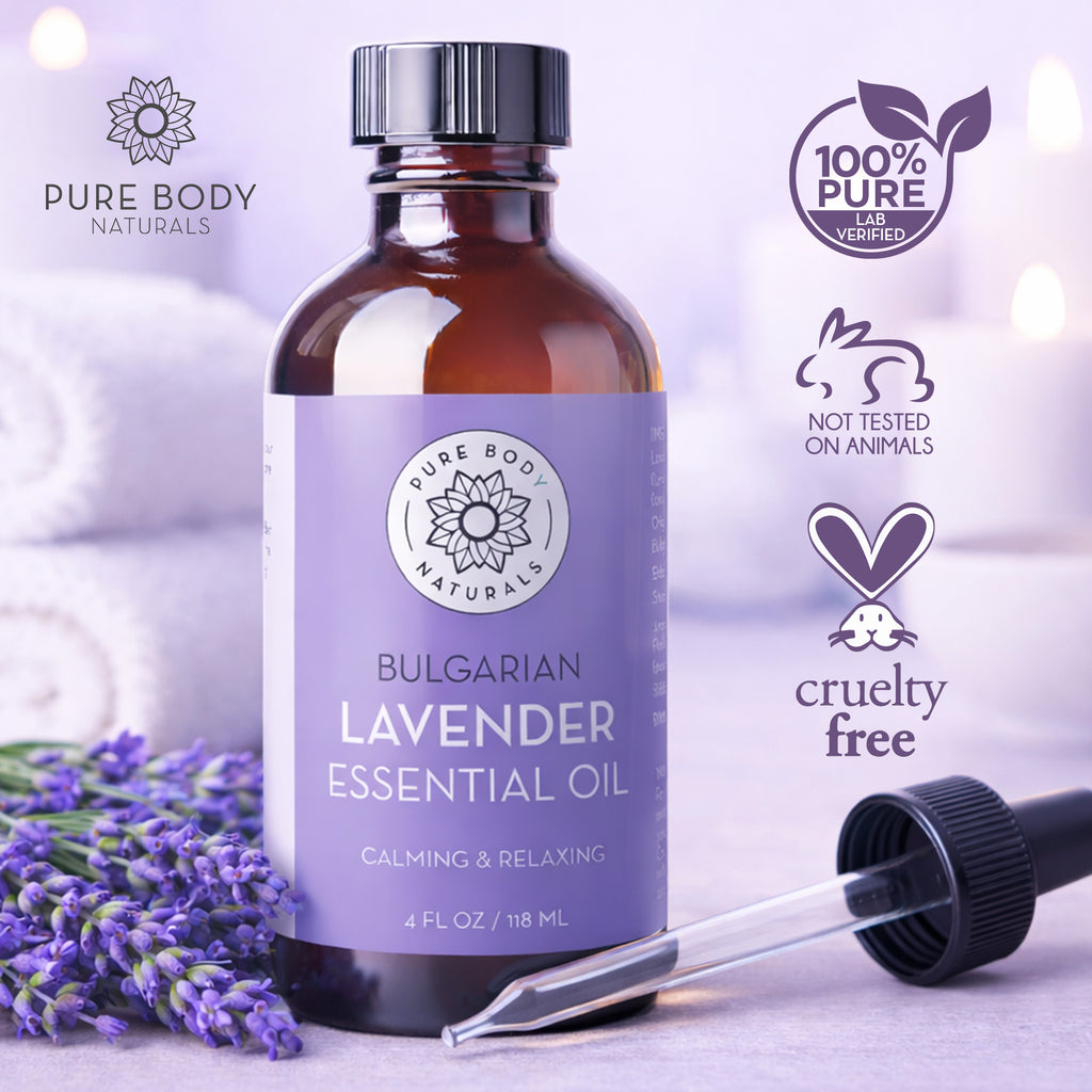 Bottle of Bulgarian Lavender Essential Oil with a dropper on a light background