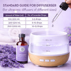 Ultrasonic diffuser with lavender essential oil bottle and dropper, accompanied by a standard guide for diffuser usage.
