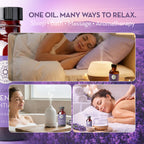 Promotional image for a relaxing oil with usage scenarios including sleep, bath, massage, and aromatherapy.
