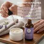 Lavender essential oil bottle with a dropper and cream jar on a wooden surface, accompanied by dilution guidelines.