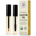 Two bottles of organic castor oil with a packaging box on a white background