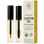 Two bottles of organic castor oil with a packaging box on a white background