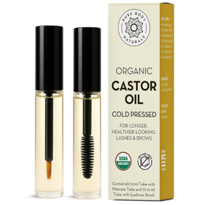 Two bottles of organic castor oil with a packaging box on a white background