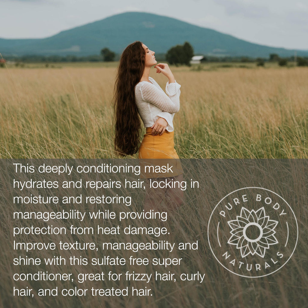 A woman standing in a grassy field with mountains in the background. She has long, wavy hair and is wearing a white shirt and yellow skirt. There's text about a Coconut Oil Intensive Repair Hair Mask, highlighting its benefits for various hair types.