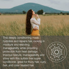 A woman standing in a grassy field with mountains in the background. She has long, wavy hair and is wearing a white shirt and yellow skirt. There's text about a Coconut Oil Intensive Repair Hair Mask, highlighting its benefits for various hair types.