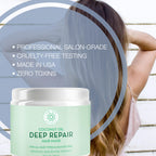 A person with long, wavy hair stands facing away, with hands in their hair. In the foreground is a jar labeled "Coconut Oil Intensive Repair Hair Mask." Text overlays the image, stating: "Professional salon-grade, cruelty-free testing, made in USA, zero toxins.