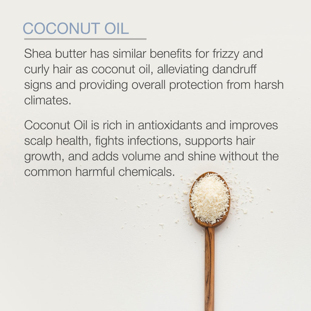 An informational image about Coconut Oil Intensive Repair Hair Mask with a description of its benefits. It mentions that Coconut Oil Intensive Repair Hair Mask helps with frizzy hair, dandruff, and scalp health, and supports hair growth. A wooden spoon filled with Coconut Oil Intensive Repair Hair Mask flakes is placed on the right side of the text.