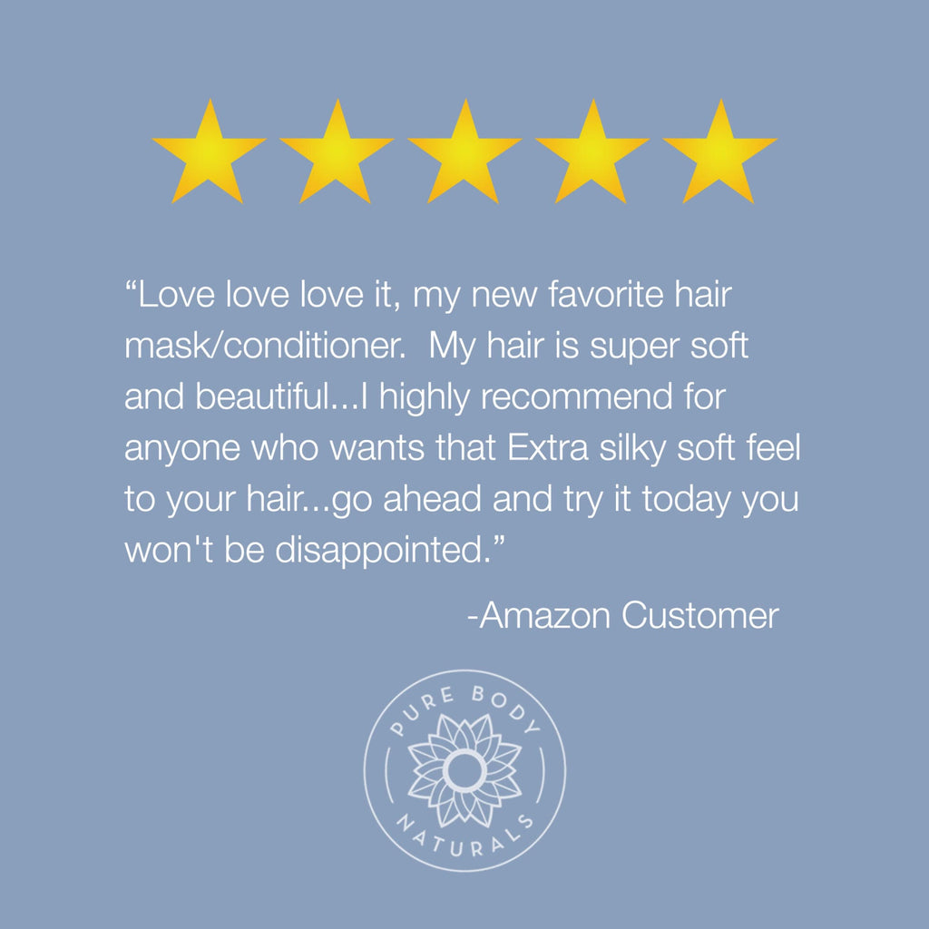 Image featuring five gold stars at the top, a testimonial in the middle, and a logo at the bottom. The testimonial reads: "Love love love it, my new favorite Coconut Oil Intensive Repair Hair Mask. My hair is super soft and beautiful...I highly recommend for anyone who wants that Extra silky soft feel to your hair... go ahead and try it today you won't be disappointed." - Amazon Customer. Below the text is the logo for Pure Body Naturals.