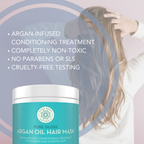 A promotional image for Moroccan Argan Oil Deep Hydration Hair Mask. The background shows someone with long, wavy hair, and the foreground features the product container and a list of benefits: argan-infused, non-toxic, no parabens or SLS, and cruelty-free.