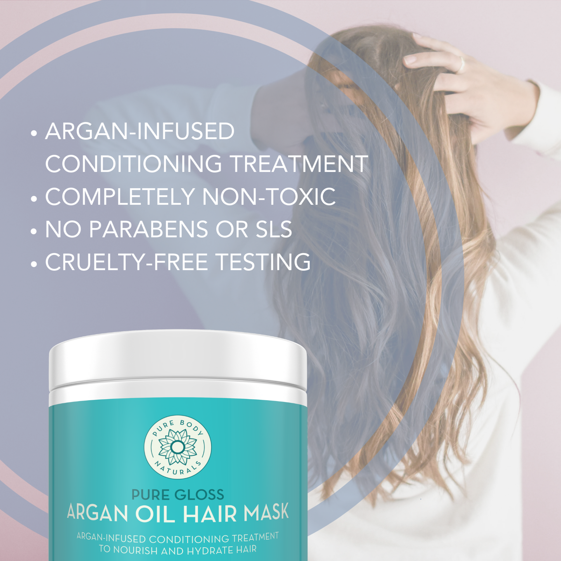 A promotional image for Moroccan Argan Oil Deep Hydration Hair Mask. The background shows someone with long, wavy hair, and the foreground features the product container and a list of benefits: argan-infused, non-toxic, no parabens or SLS, and cruelty-free.