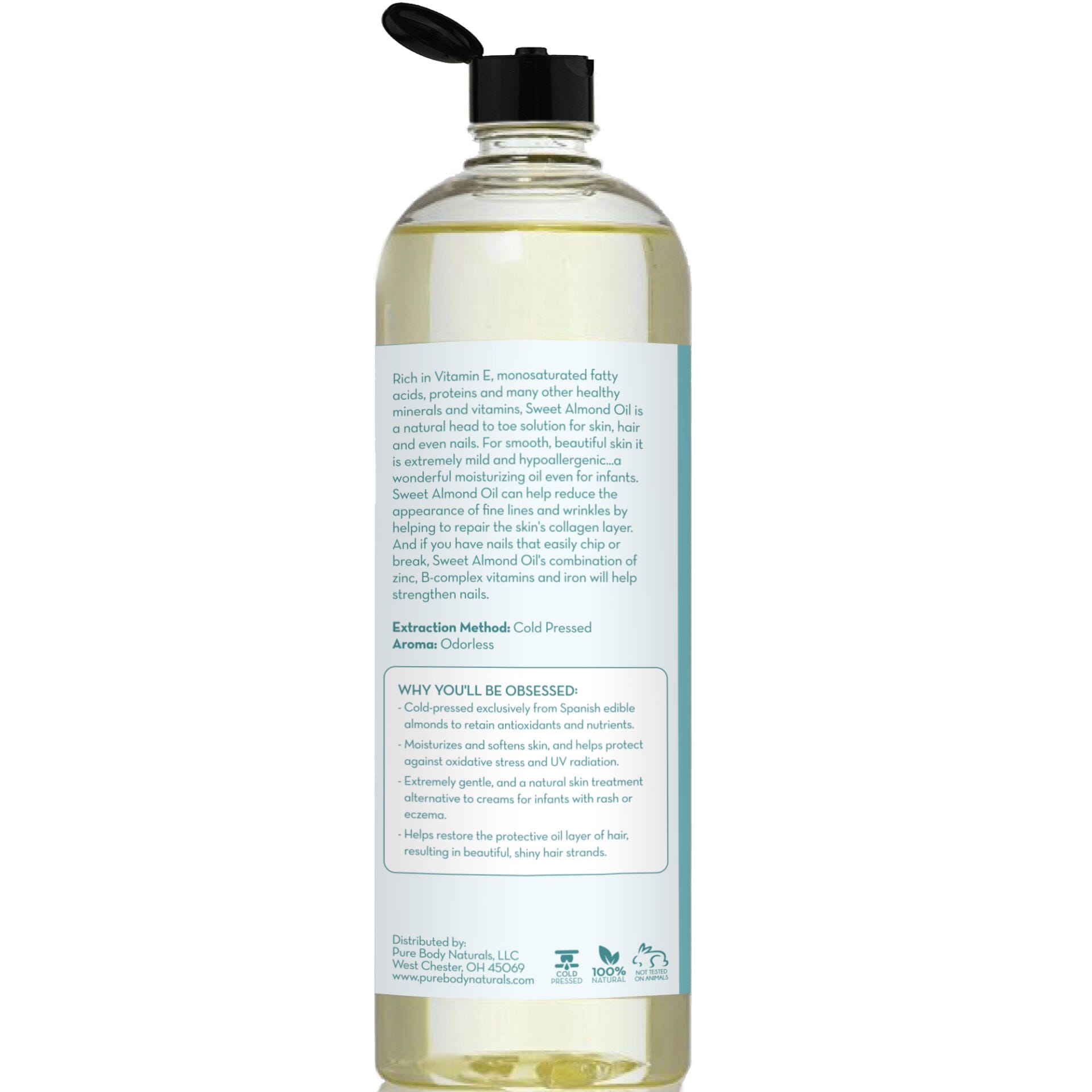 A clear bottle with a black flip-top cap contains a light yellow liquid. The label on the back highlights the benefits of Cold Pressed Sweet Almond Oil, rich in Vitamin E, promoting healthy skin and hair, and providing deeply moisturizing properties.
