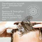 A close-up of a person washing their hair with shampoo. Text on the image reads: "Developed to nourish hair + stimulate hair growth. Restore & Strengthen Shampoo for Hair Growth is formulated to help reduce pattern hair loss." Pure Body Naturals logo is present in the top right corner.