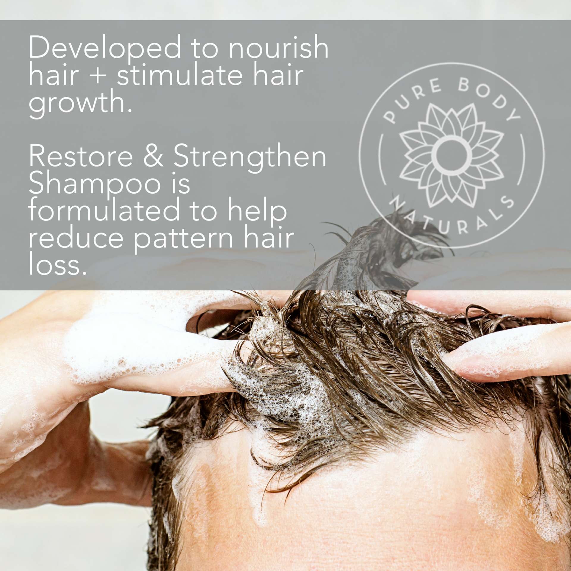 A close-up of a person washing their hair with shampoo. Text on the image reads: "Developed to nourish hair + stimulate hair growth. Restore & Strengthen Shampoo for Hair Growth is formulated to help reduce pattern hair loss." Pure Body Naturals logo is present in the top right corner.