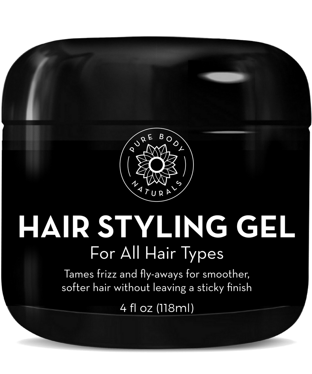 Image of a container of Hair Gel for Men by Pure Body Naturals. The container is black with white text detailing the product as suitable for all hair types. It claims to tame frizz and fly-aways, providing smoother, softer hair without a sticky finish. The container holds 4 fl oz (118 ml).