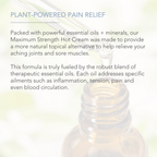 A dropper is dispensing liquid into an amber glass bottle against a softly blurred background. Text overlay reads: "MAXIMUM STRENGTH HOT CREAM" with a description highlighting the cream's essential oils and minerals for joint and muscle relief, inflammation, tension, pain, and circulation.