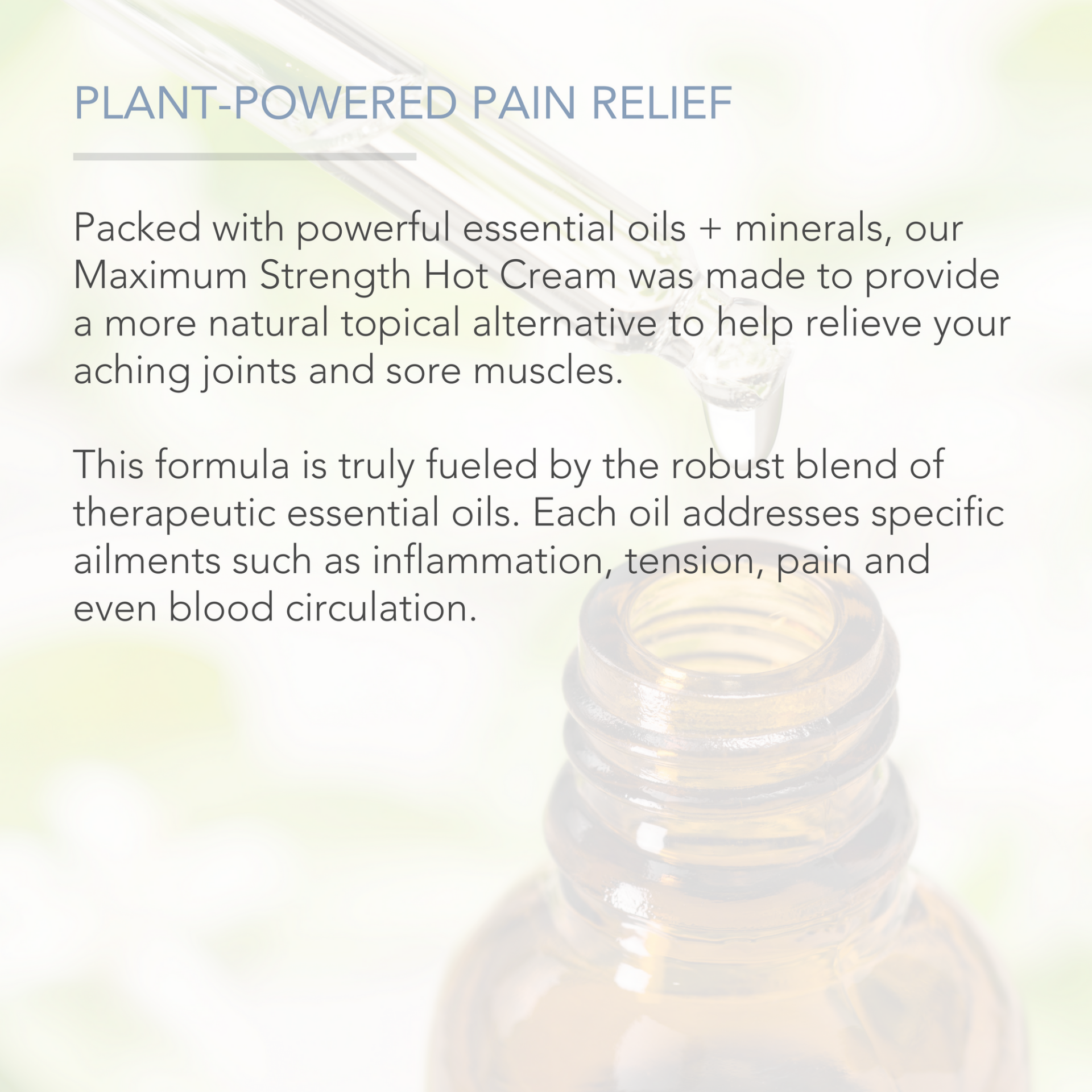 A dropper is dispensing liquid into an amber glass bottle against a softly blurred background. Text overlay reads: "MAXIMUM STRENGTH HOT CREAM" with a description highlighting the cream's essential oils and minerals for joint and muscle relief, inflammation, tension, pain, and circulation.
