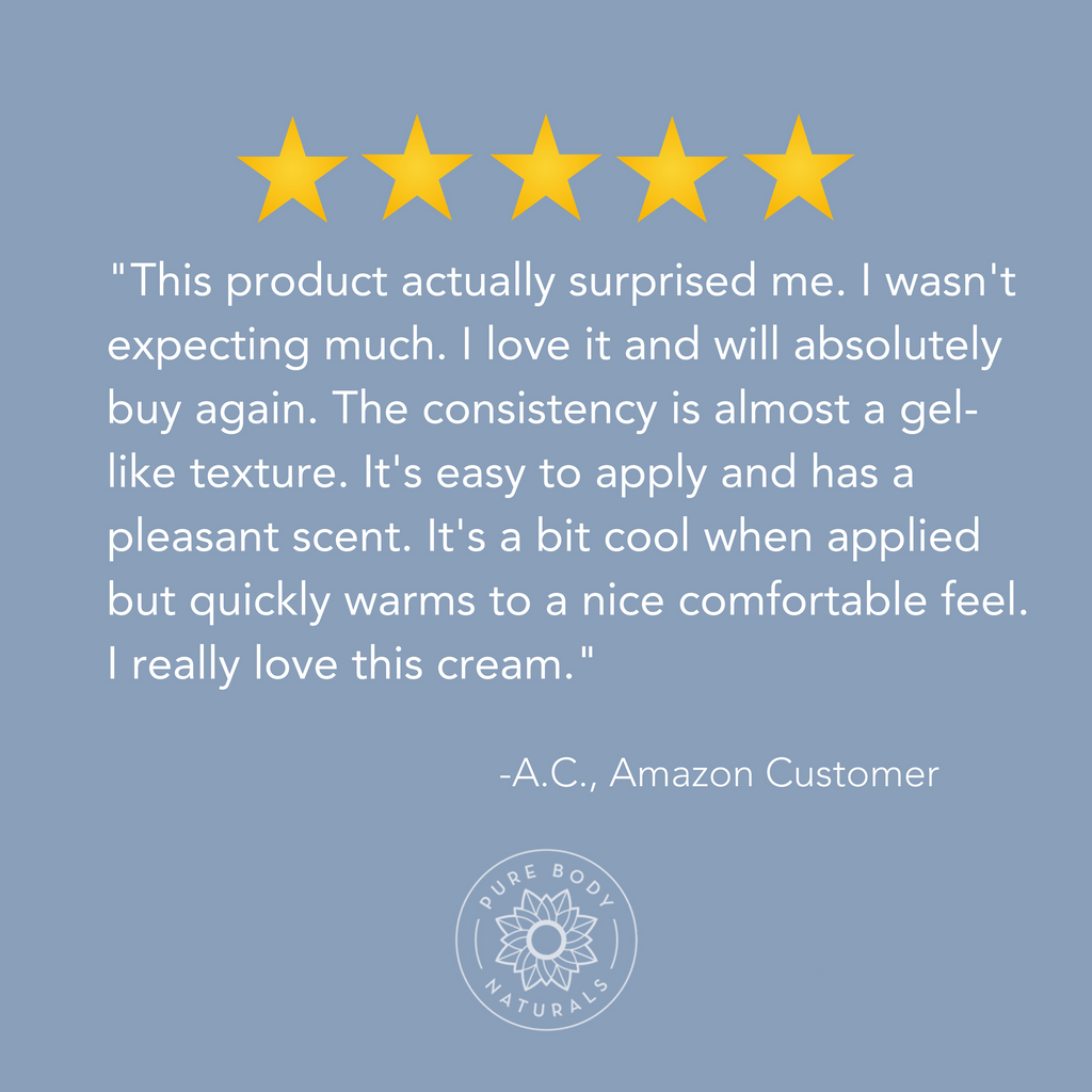 A blue graphic features five yellow stars and a customer review that reads, "Maximum Strength Hot Cream actually surprised me. I wasn't expecting much. I love it and will absolutely buy again. The consistency is almost a gel-like texture. It's easy to apply and has a pleasant scent..." The review is signed "A.C., Amazon Customer." The bottom of the graphic includes the Pure Body Naturals logo.
