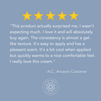 A blue graphic features five yellow stars and a customer review that reads, "Maximum Strength Hot Cream actually surprised me. I wasn't expecting much. I love it and will absolutely buy again. The consistency is almost a gel-like texture. It's easy to apply and has a pleasant scent..." The review is signed "A.C., Amazon Customer." The bottom of the graphic includes the Pure Body Naturals logo.