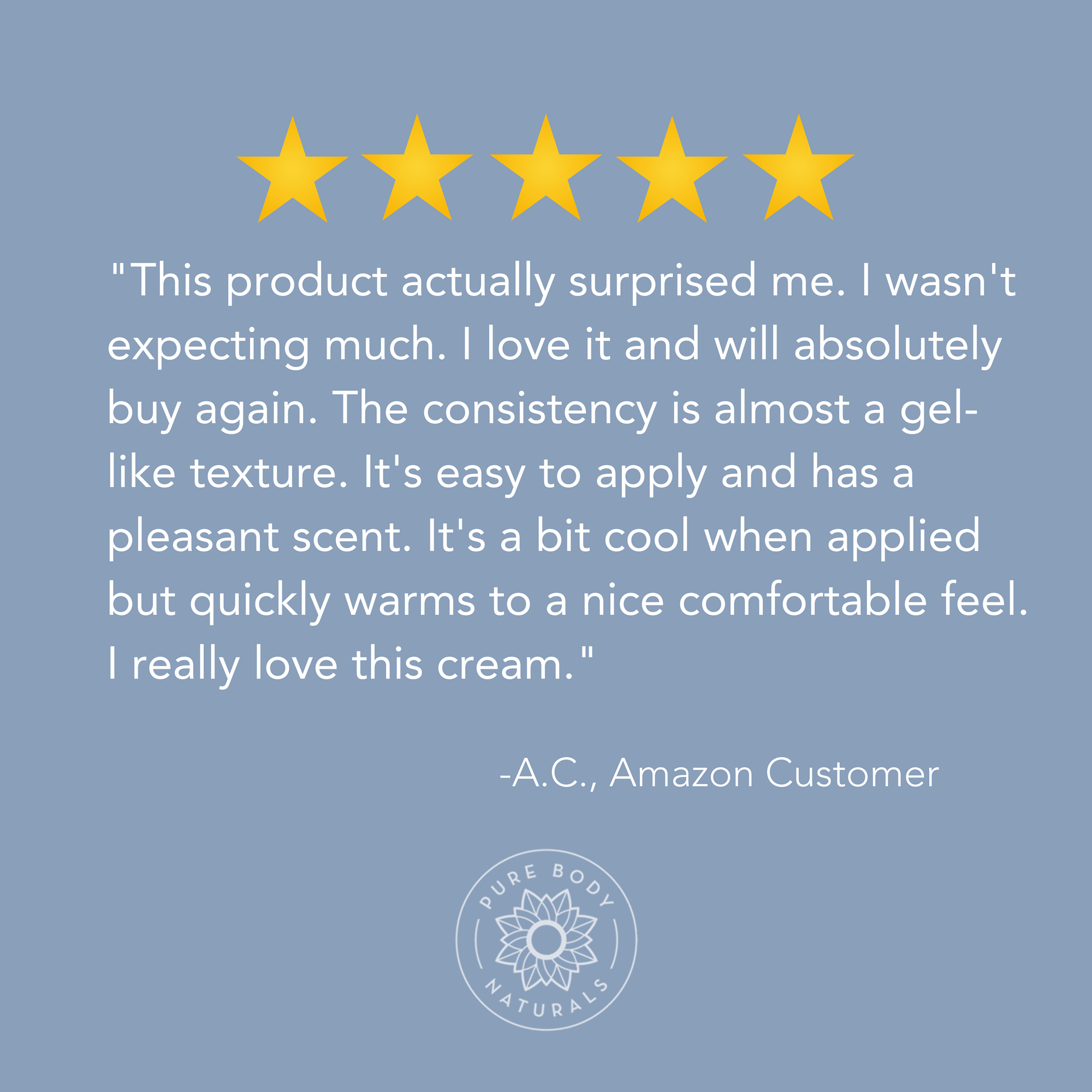 A blue graphic features five yellow stars and a customer review that reads, "Maximum Strength Hot Cream actually surprised me. I wasn't expecting much. I love it and will absolutely buy again. The consistency is almost a gel-like texture. It's easy to apply and has a pleasant scent..." The review is signed "A.C., Amazon Customer." The bottom of the graphic includes the Pure Body Naturals logo.