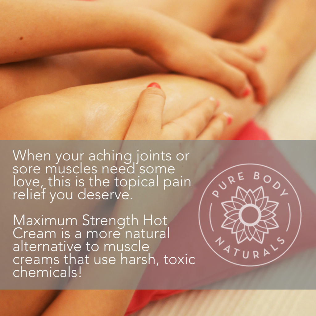 Sure! Here's the sentence with the product name replaced:

Close-up of a person receiving a massage on their hand. Text overlay reads, "When your aching joints or sore muscles need some love, Maximum Strength Hot Cream is the topical pain relief you deserve. Maximum Strength Hot Cream is a more natural alternative to muscle creams that use harsh, toxic chemicals!" The logo "Pure Body Naturals" with a flower design is also visible.