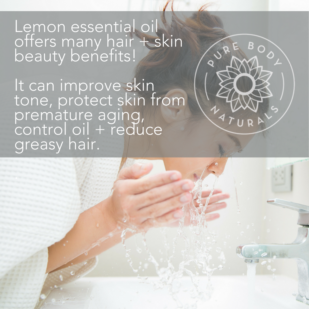 A woman washing her face with Lemon Essential Oil.