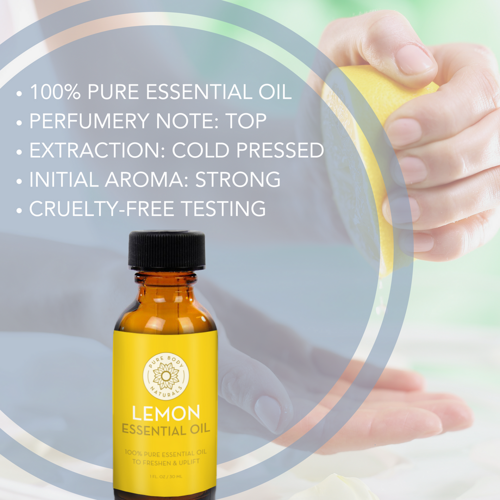 A bottle of Lemon Essential Oil is in the foreground. Behind it, someone is holding a slice of lemon. Text on the image reads, "100% Pure Essential Oil, Perfumery Note: Top, Extraction: Cold Pressed, Initial Aroma: Strong, Cruelty-Free Testing.