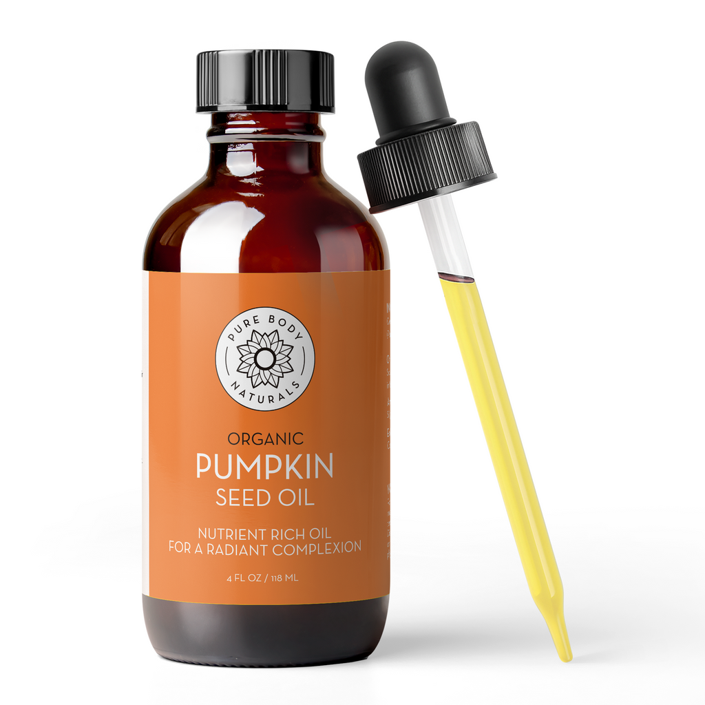 Pure Body Naturals organic pumpkin seed oil bottle with glass dropper.