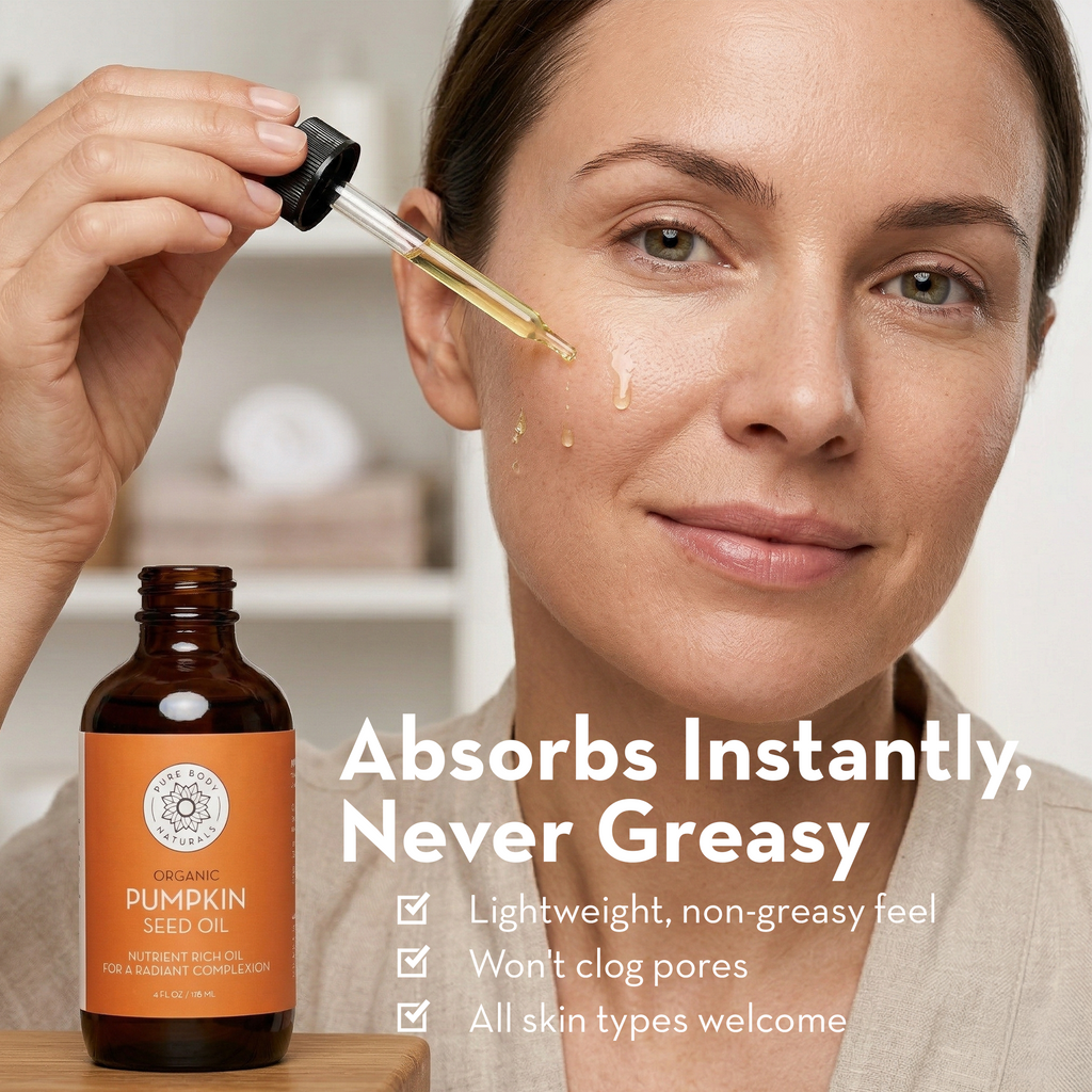 Woman applying pumpkin seed oil to her face with a dropper, next to a bottle of the product.