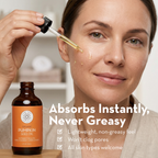 Woman applying pumpkin seed oil to her face with a dropper, next to a bottle of the product.