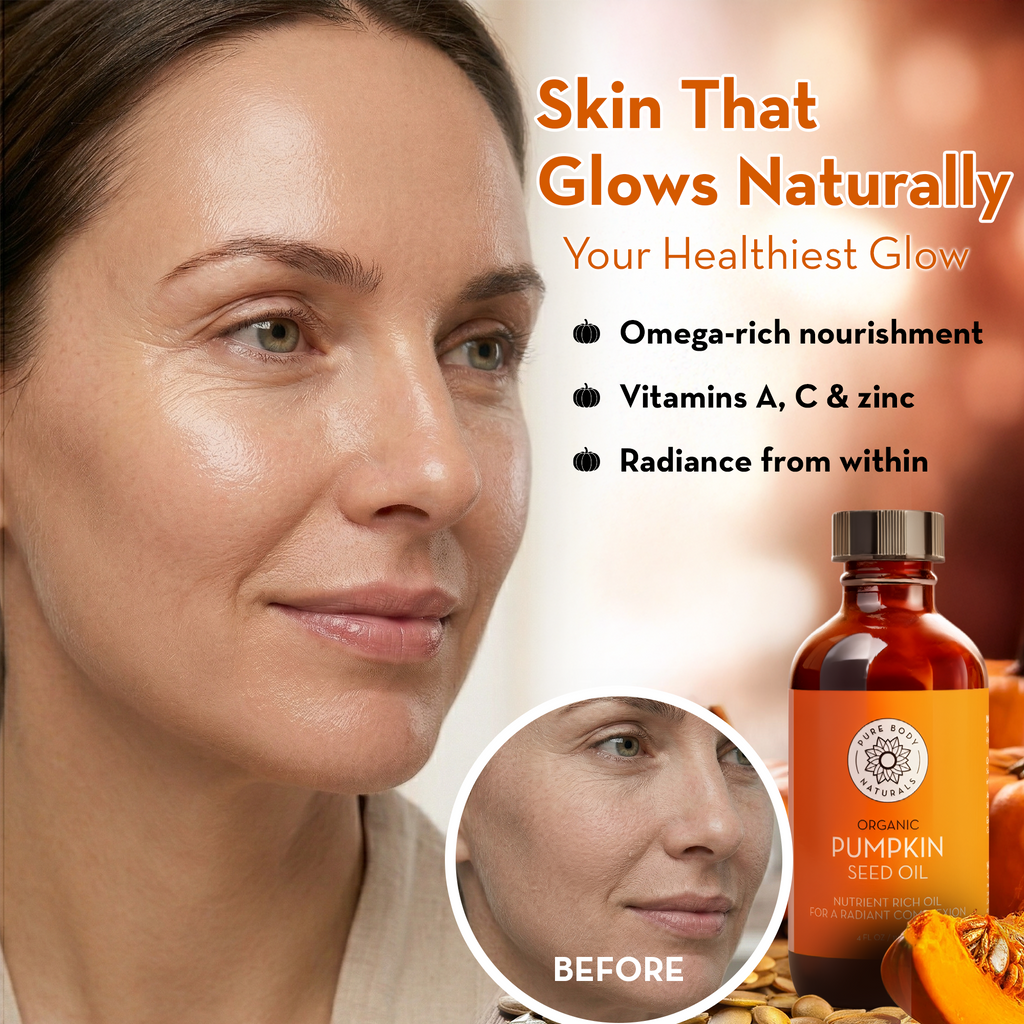 Woman with glowing skin next to a bottle of pumpkin seed oil with text about natural skin health.