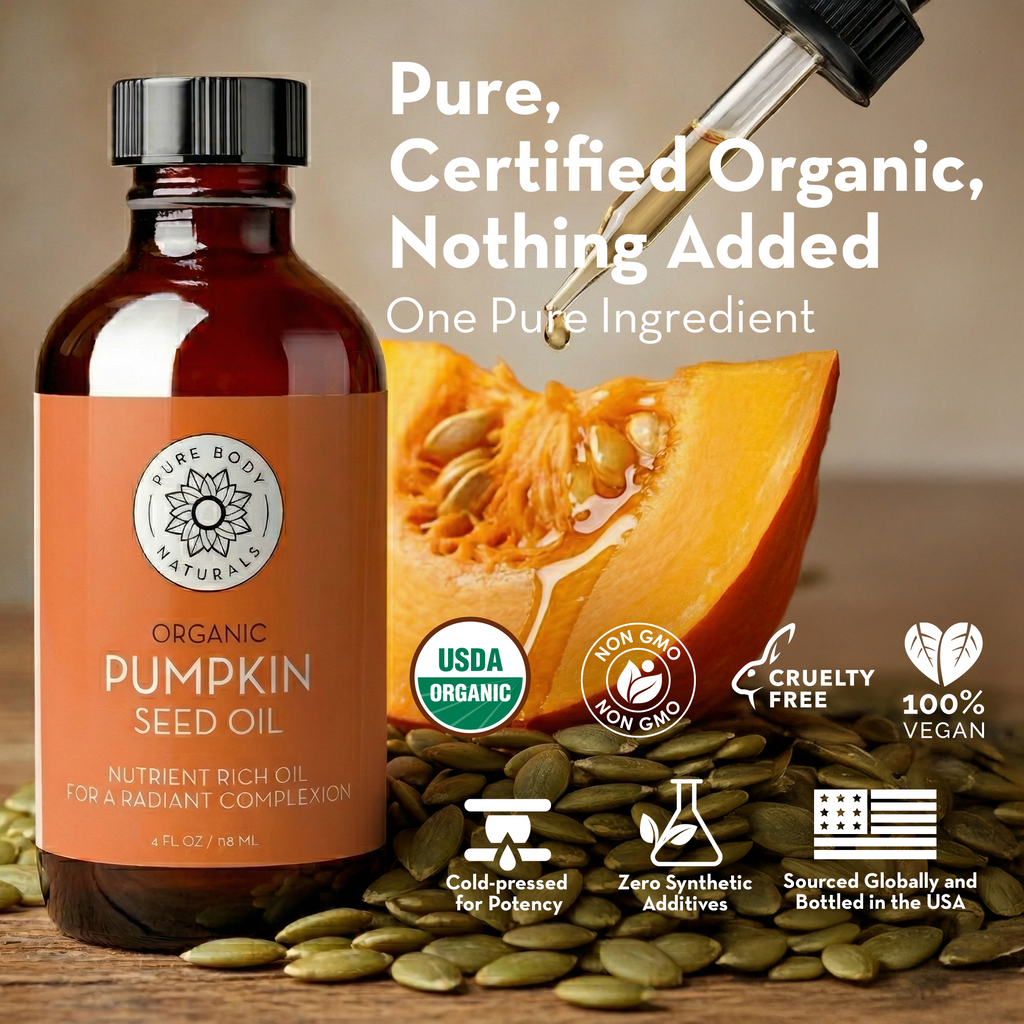 Bottle of organic pumpkin seed oil with a dropper, pumpkin, and seeds on a wooden surface.