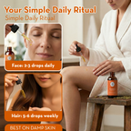 Woman applying a dropper of skincare product to her face, hair, and body with text on a simple daily ritual.