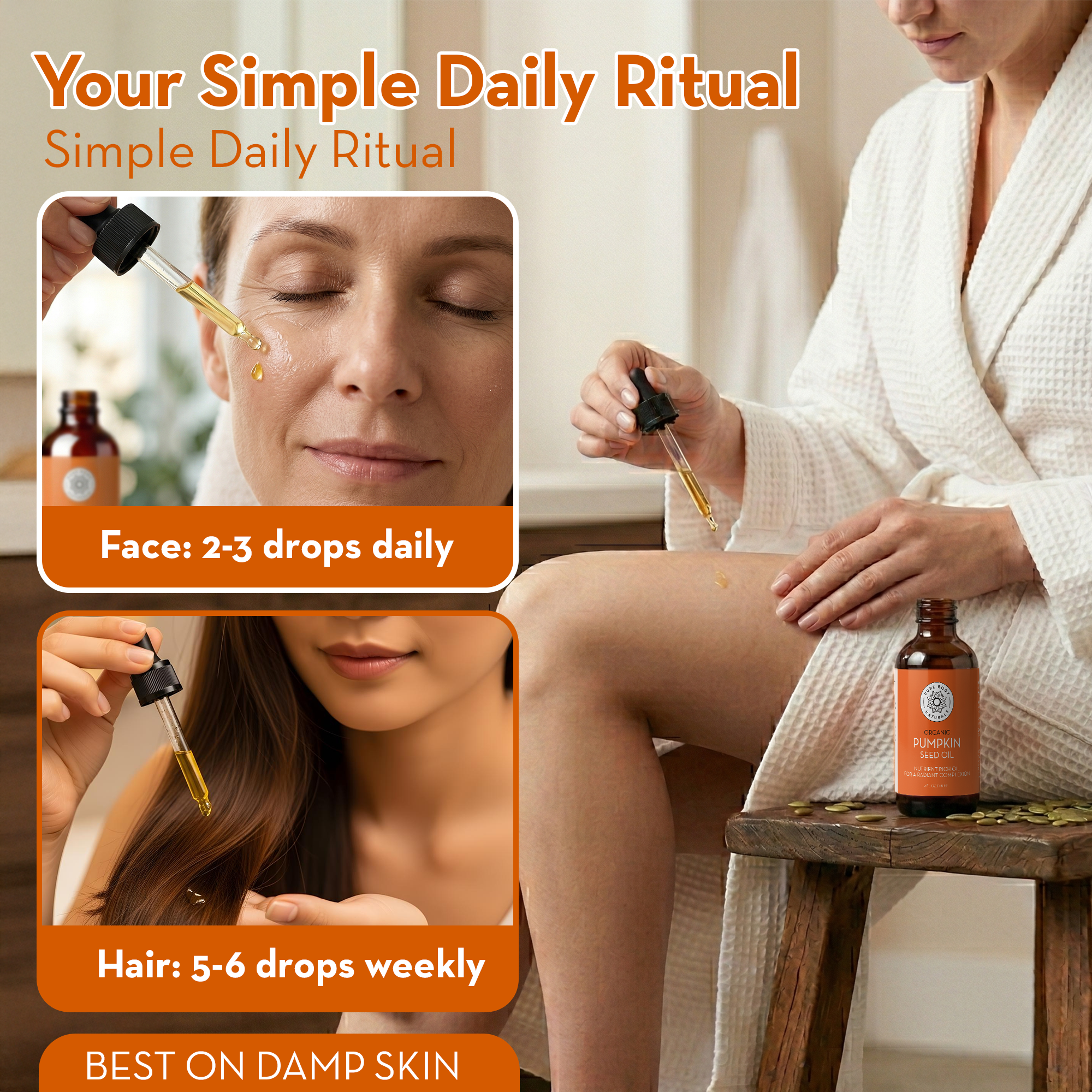 Woman applying a dropper of skincare product to her face, hair, and body with text on a simple daily ritual.