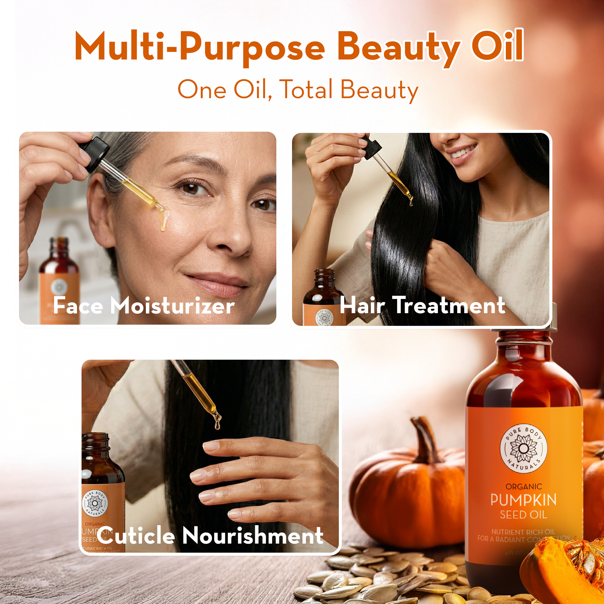 Multi-purpose beauty oil with uses for face, hair, and cuticles, featuring pumpkins and seeds.