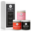 Four skincare jars with labels on a white background