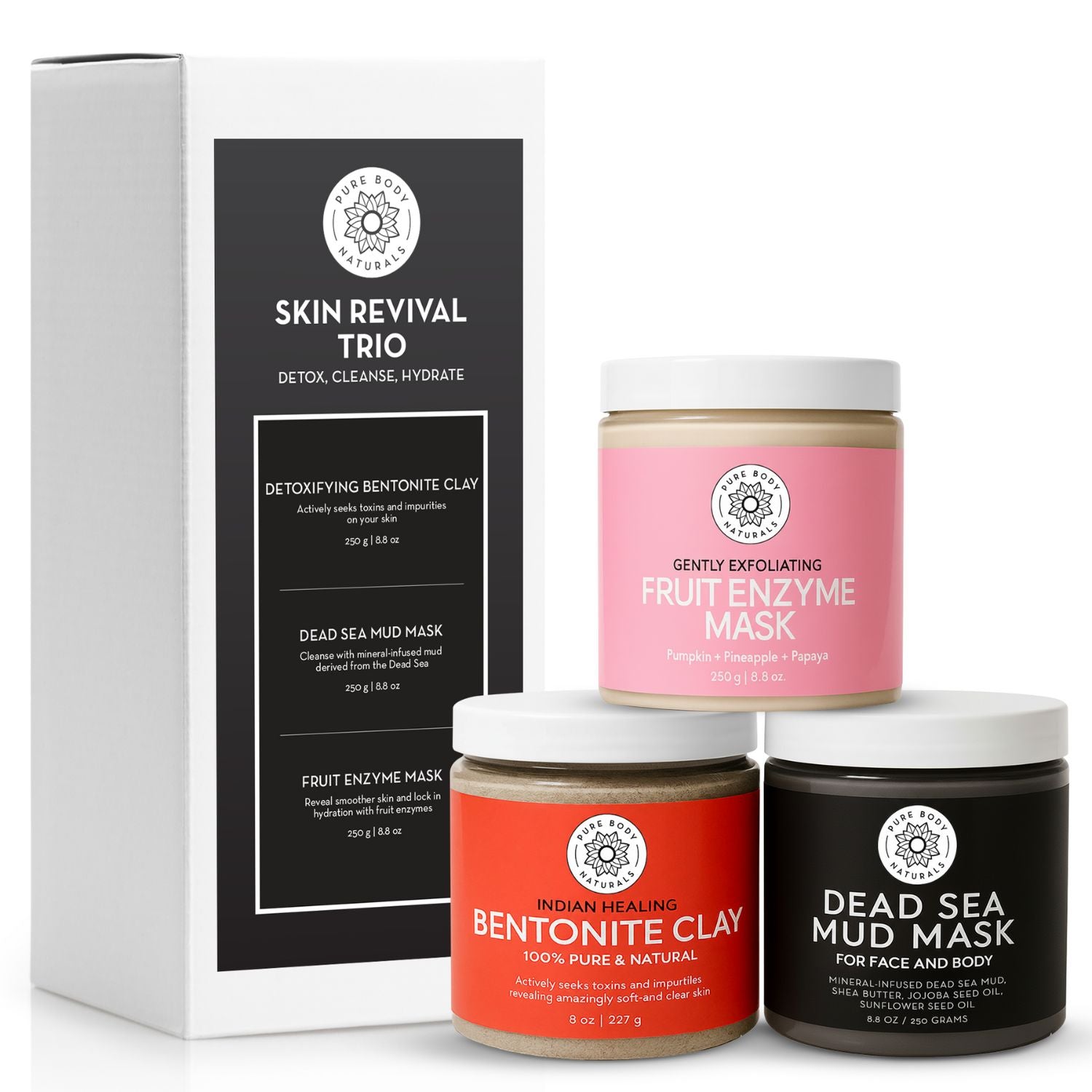 Four skincare jars with labels on a white background