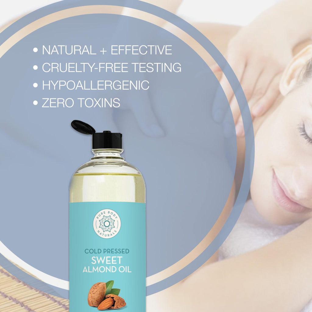 A bottle of Cold Pressed Sweet Almond Oil is shown in the foreground with text highlighting its benefits: natural and effective, cruelty-free testing, hypoallergenic, and zero toxins. In the blurred background, a person is receiving a massage.
