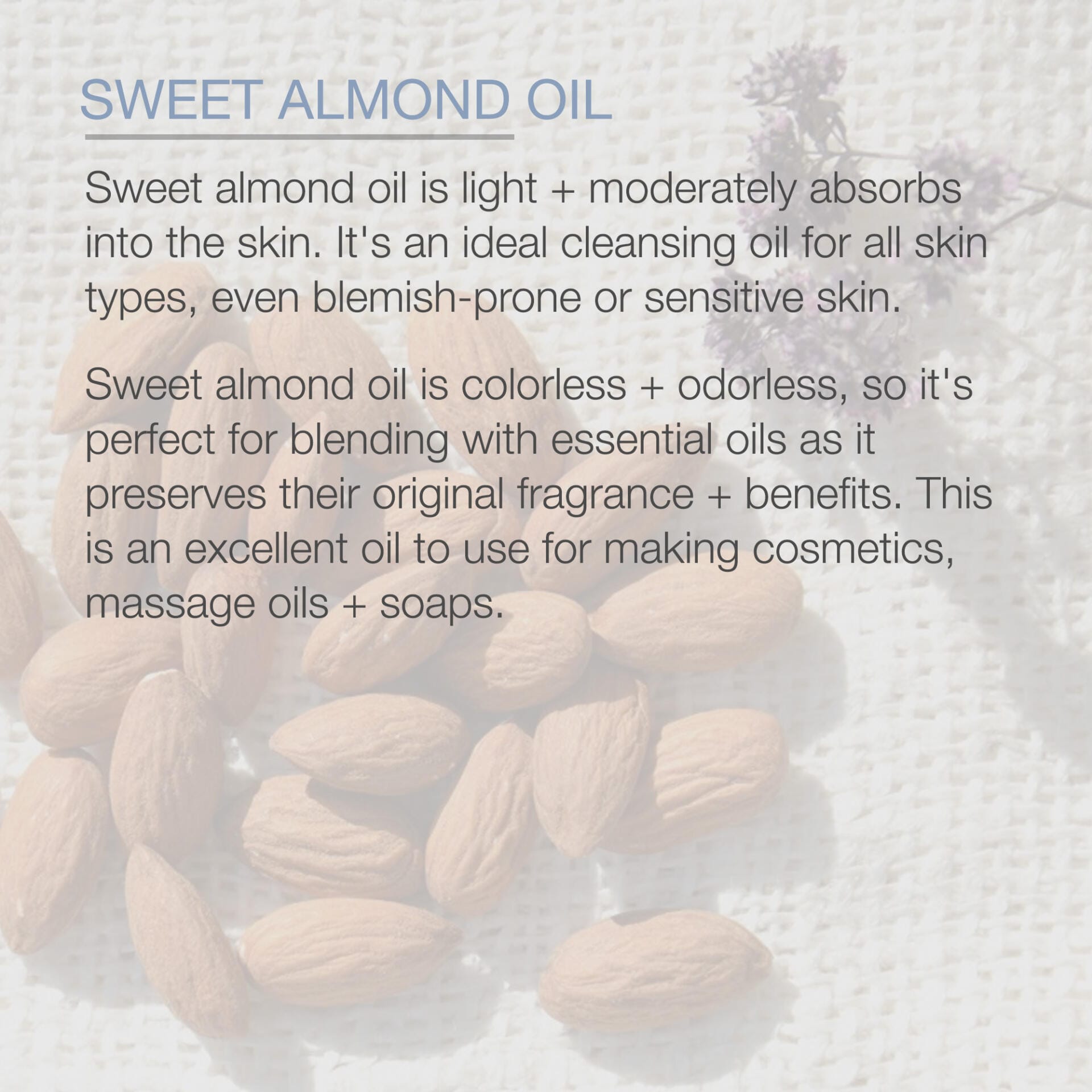 An image with an informational text about Cold Pressed Sweet Almond Oil. The text highlights that Cold Pressed Sweet Almond Oil is light, absorbs easily into the skin, and is suitable for all skin types, including sensitive skin. It mentions the oil's benefits and uses in cosmetics and massage oils. Scattered almonds are visible in the background.