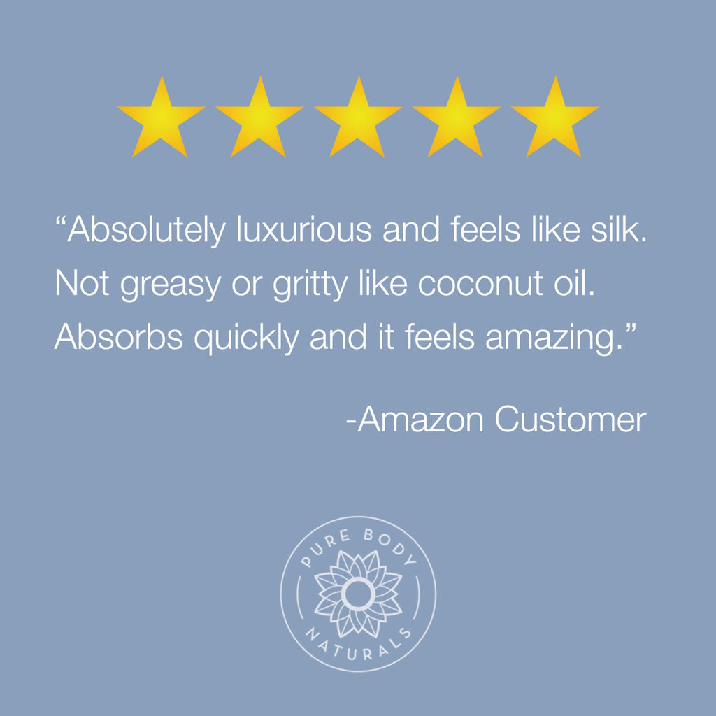 A review image shows five yellow stars above a text that reads, "Absolutely luxurious and feels like silk. Not greasy or gritty like Cold Pressed Sweet Almond Oil. Absorbs quickly and it feels amazing. -Amazon Customer." The Pure Body Naturals logo is at the bottom.