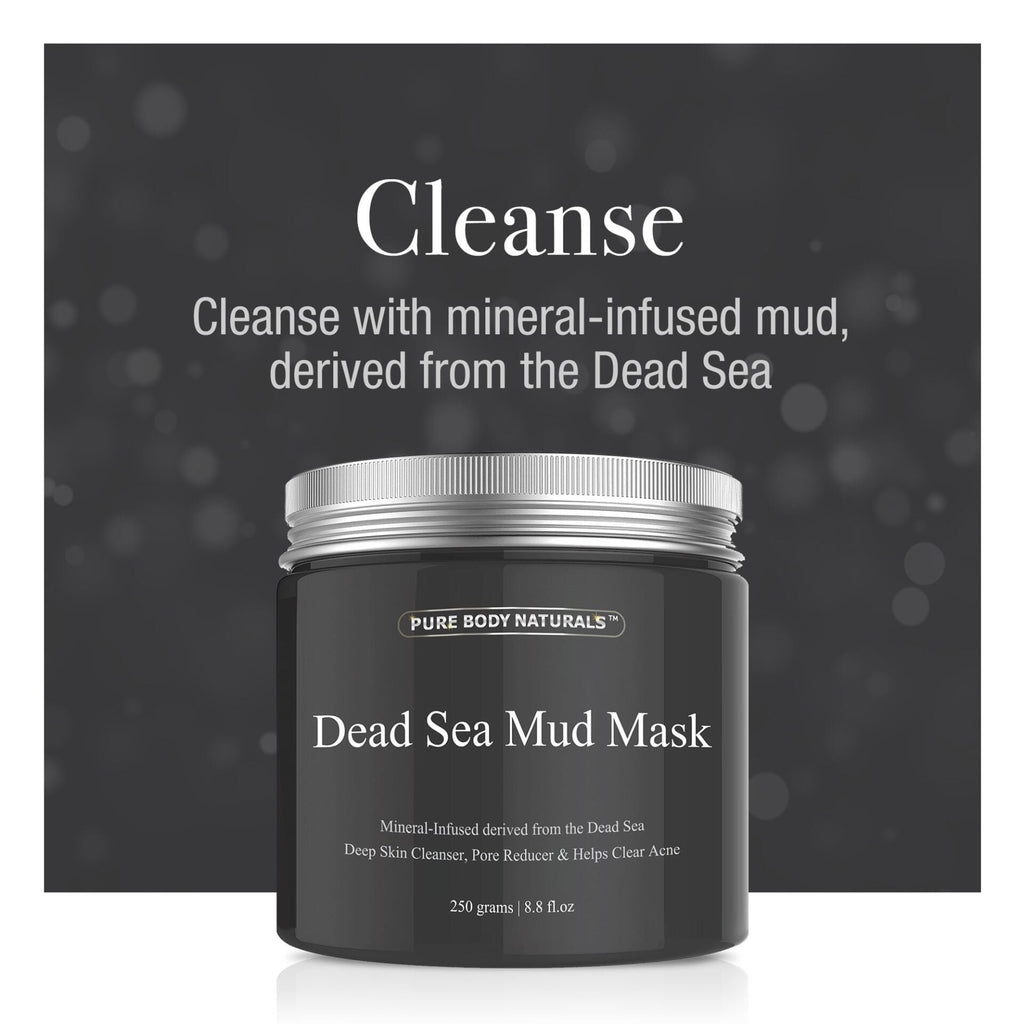 Dead Sea Mud Mask packaging with branding and product description on a dark background