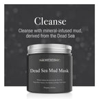 Dead Sea Mud Mask packaging with branding and product description on a dark background