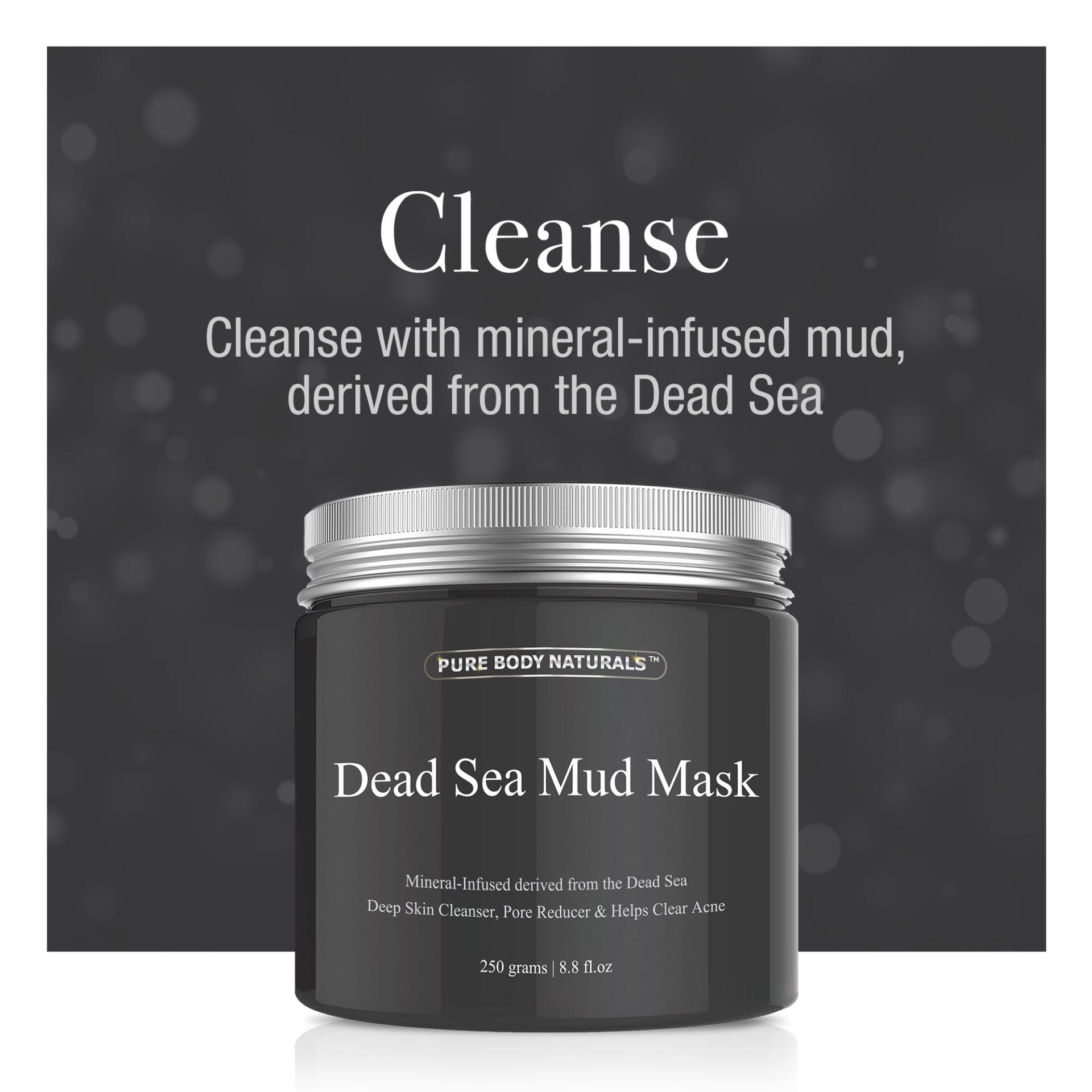 Dead Sea Mud Mask packaging with branding and product description on a dark background