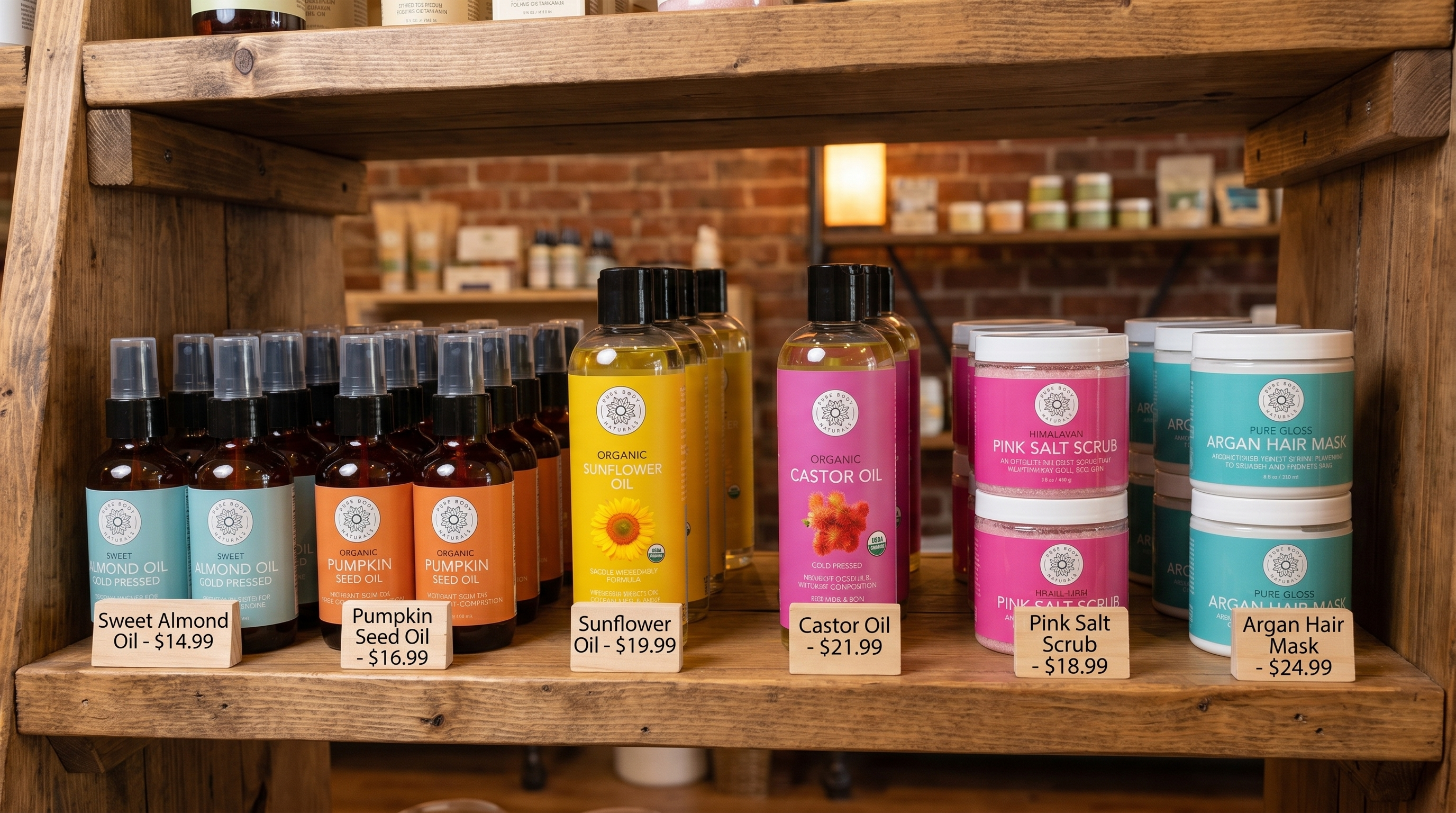 Wooden shelf with various skincare products on a brick wall background
