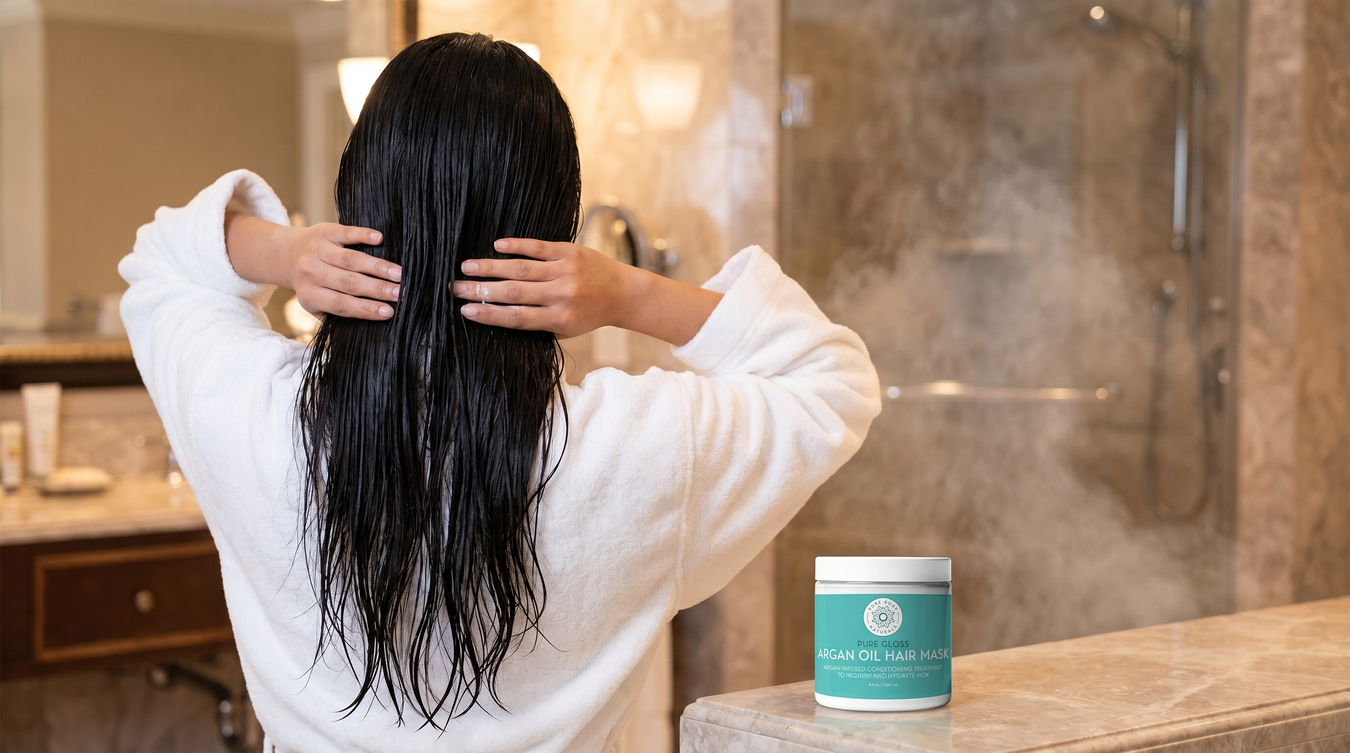Person in a bathrobe with long hair in a bathroom, next to a jar of product.
