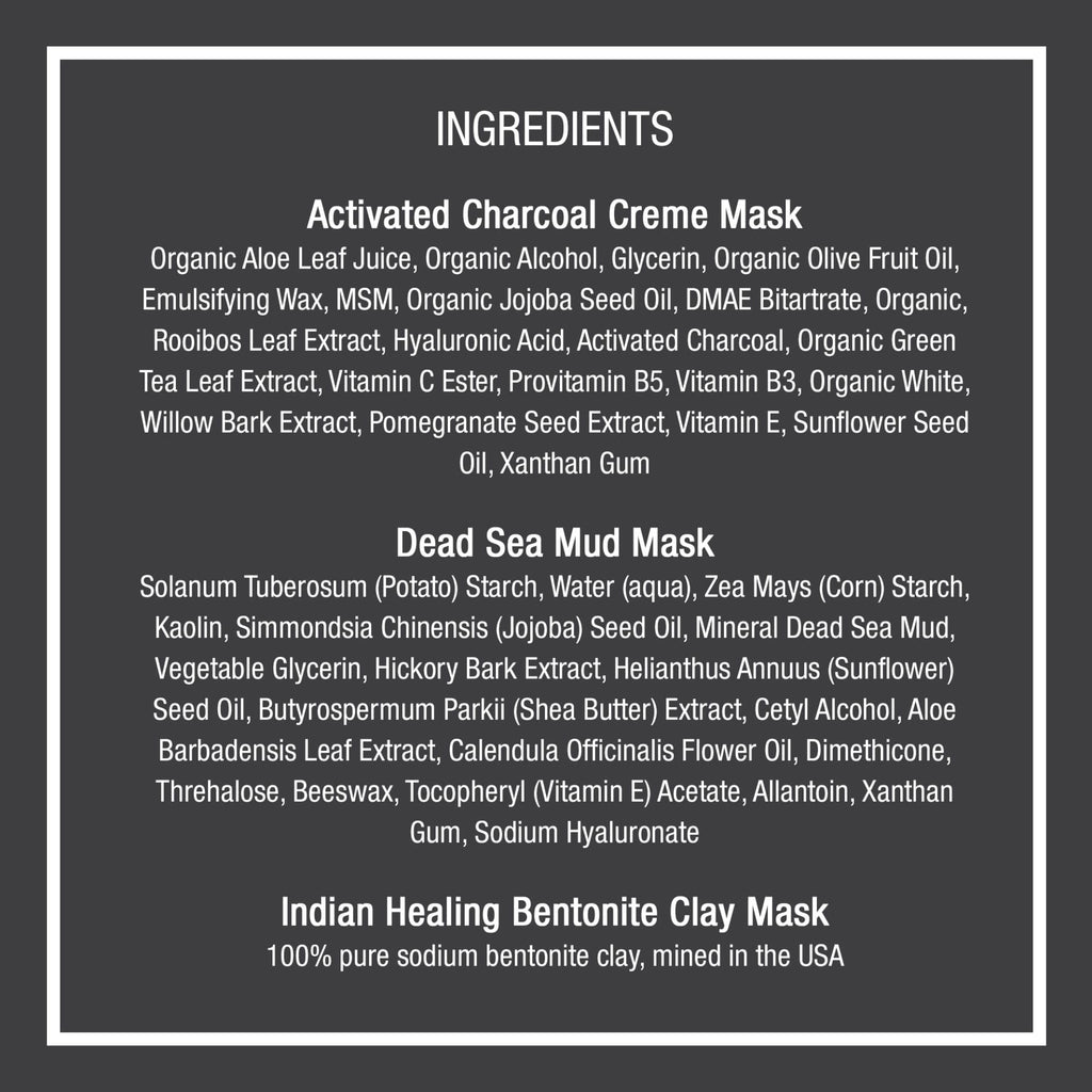 List of ingredients for three different masks on a black background