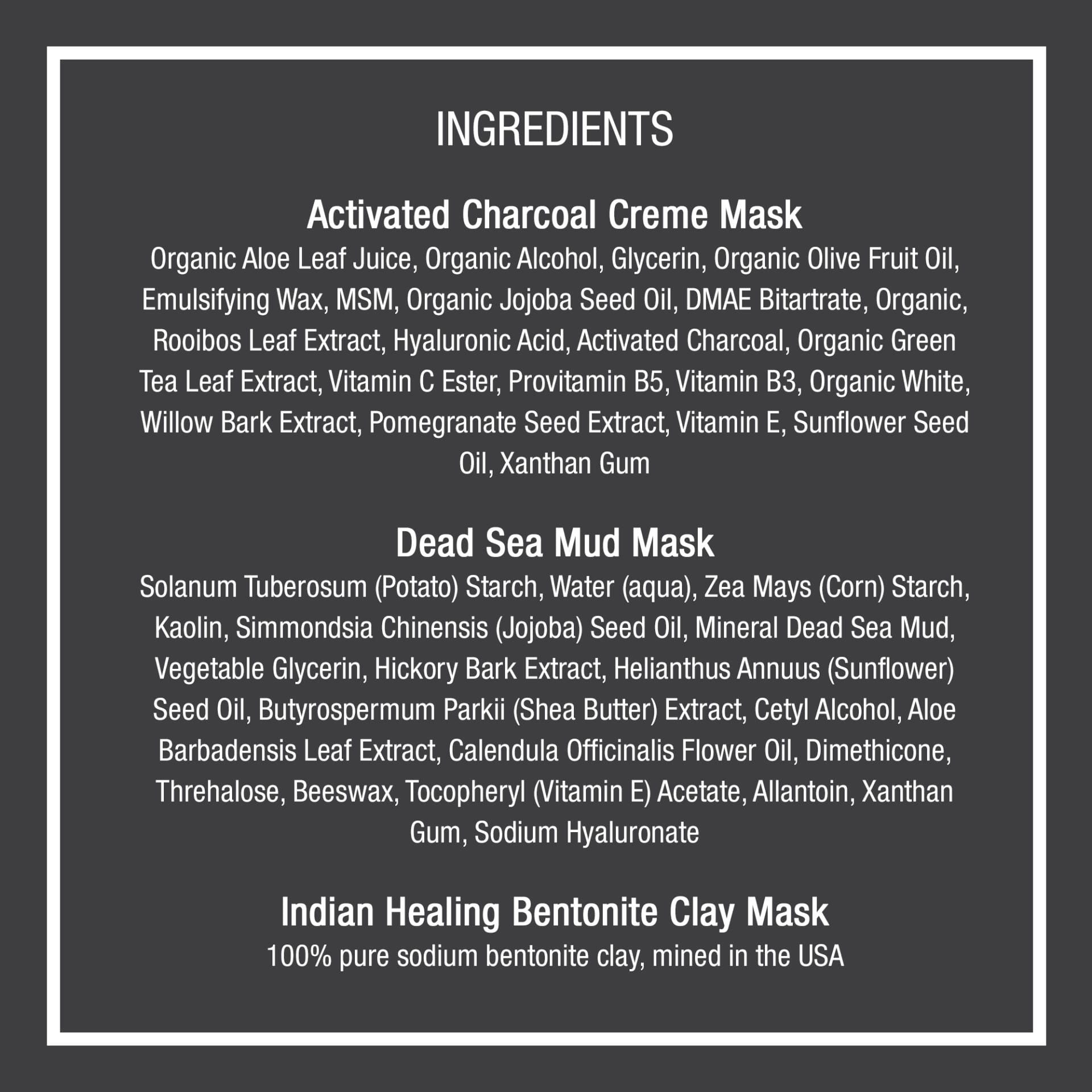 List of ingredients for three different masks on a black background