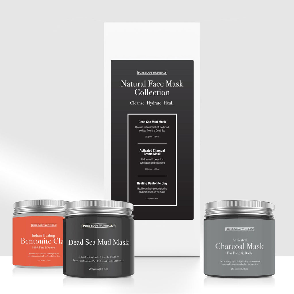 Collection of natural face masks with packaging on a white background